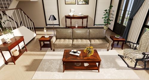 Solid Wood Coffee Table for Living Room, Cherry Cocktail Table with Storage Shelf, Mid Century Queen Anne Style Coffee Tables 43.3" Wx23.6 Dx17.7 H, Easy Assembly, Cherry Brown KFZ-DR200