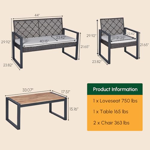 Wicker Patio Furniture Outdoor Conversation Set of 4, Rattan Outdoor Furniture Set, Acacia Wood Table, 2 Chairs, 1 Loveseat, 2” Cushions, All Weather Set for Patio, Porch, Balcony (Black)