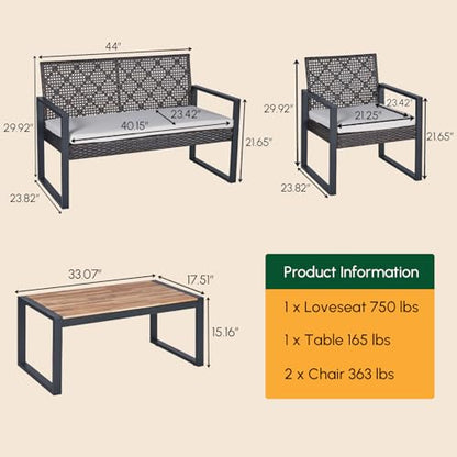 Wicker Patio Furniture Outdoor Conversation Set of 4, Rattan Outdoor Furniture Set, Acacia Wood Table, 2 Chairs, 1 Loveseat, 2” Cushions, All Weather Set for Patio, Porch, Balcony (Black)