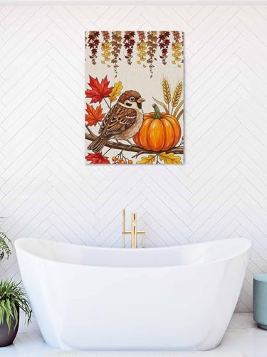 NuYeBiofx Thanksgiving Bird Pumpkins Canvas Wall Art Prints,30"x20" Framed Picture Artwork Fall Maple Leaves Printed Canvas Oil Painting for Living Room Bedroom Office,Ready to Hang