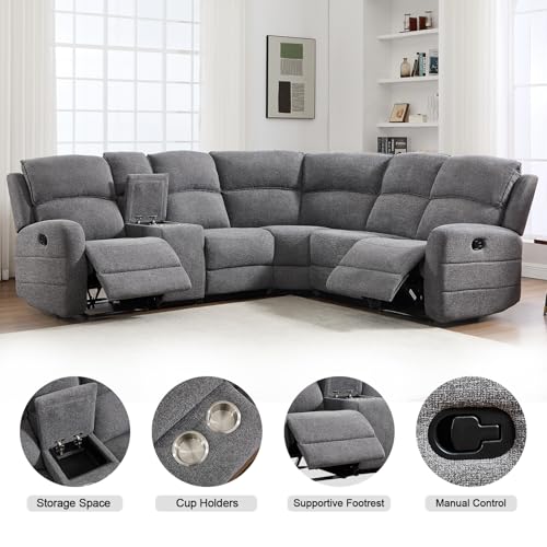 Fabric L-Shaped Reclining Sectional Sofa Couch for Living Room, Manual Recliner Oversized Sofa, with Padded Headrest, 2 Cup Holders, Storage Space, 5-Seater Home Furniture Set, Grey