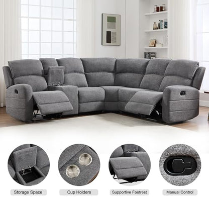 Fabric L-Shaped Reclining Sectional Sofa Couch for Living Room, Manual Recliner Oversized Sofa, with Padded Headrest, 2 Cup Holders, Storage Space, 5-Seater Home Furniture Set, Grey