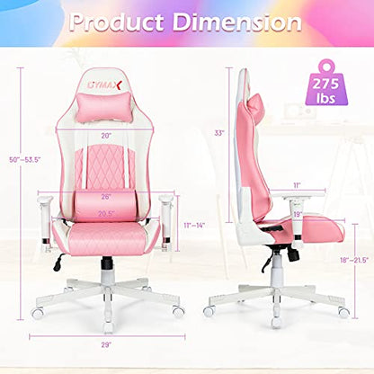 Gaming Chair, Pink Ergonomic High Back Computer Chair with Headrest & Lumbar Support, Racing Style Desk Task Rolling Chair for Home Office Gaming Working Studying