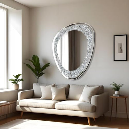 Modern Irregular Shaped Wall Mirror – 32x23.5 Inch Decorative Oval Diamond Decor Mirror for Living Room, Bedroom, Bathroom, Entryway
