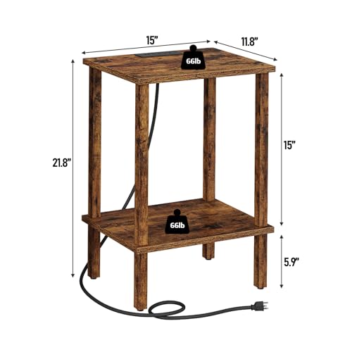 End Table with Charging Station, Set of 2, Small Side Table with Outlets, Nightstand Bedside Table, 2-Tier Storage Shelf for Small Space, Living Room, Bedroom Brown TB01BB041C