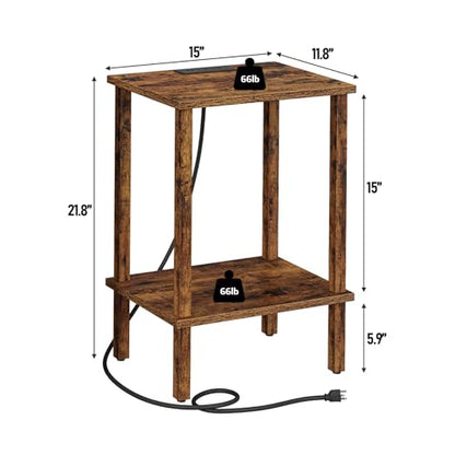 End Table with Charging Station, Set of 2, Small Side Table with Outlets, Nightstand Bedside Table, 2-Tier Storage Shelf for Small Space, Living Room, Bedroom Brown TB01BB041C