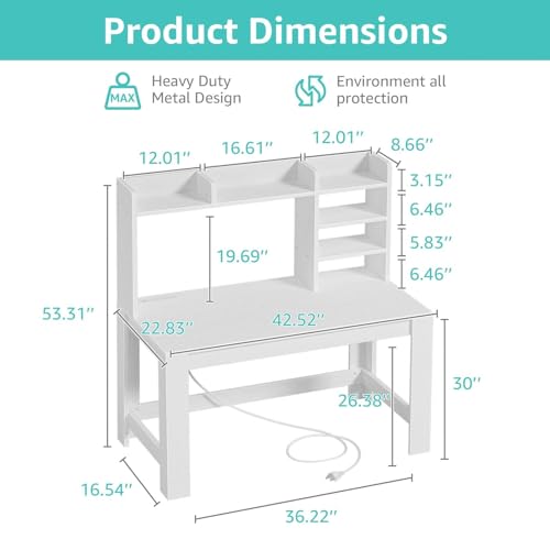 43" White Student Desk with Hutch and Built-in Power Outlet, view 4