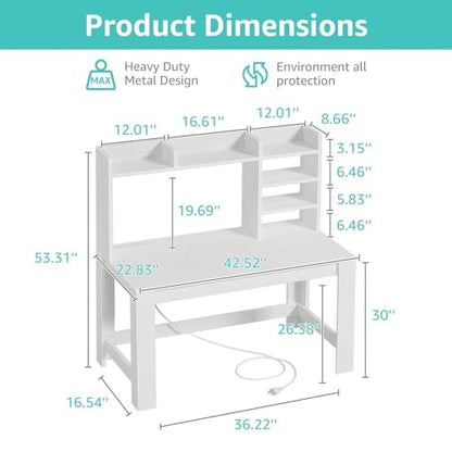 43" White Student Desk with Hutch and Built-in Power Outlet, view 4