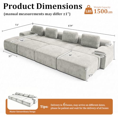 159" Oversized Boneless Couch, Comfort Cloud Sectional Couches for Living Room, Modular Sofa High Back & Extra Deep Seat, No Assembly, Soft Chenille Fabric (Light Grey, 159 inch-（4+4）)