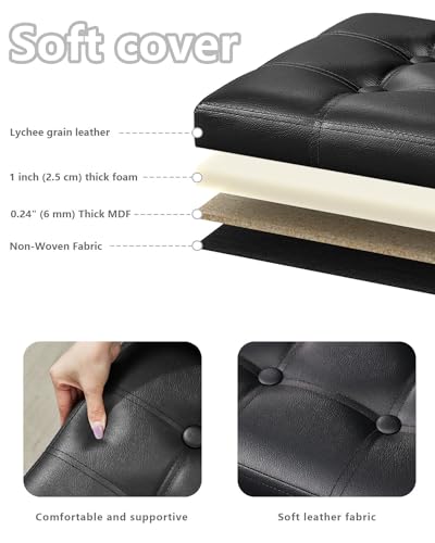 Storage Ottoman, Folding Foot Stool with Thicker Foam Padded Seat Small Leather Storage Ottoman Bench Foot Rest for Living Room Foldable Coffee Table 17x13x13in,Black
