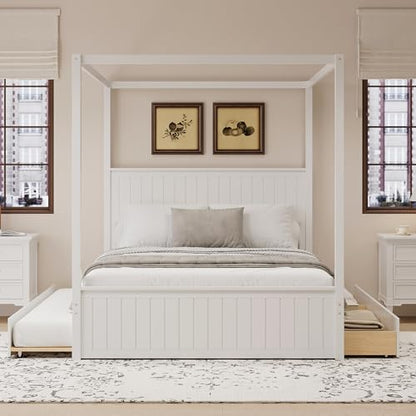 Queen Size Canopy Bed with Trundle and 3 Storage Drawers, view 7