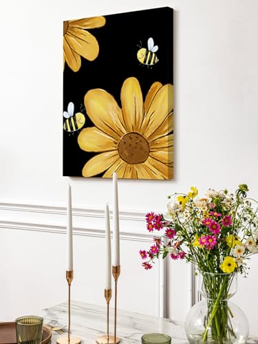 NuYeBiofx Yellow Daisy Flower Bee on Black Canvas Wall Art Prints,48"x32" Framed Picture Artwork Rustic Farmhouse Floral Printed Canvas Oil Painting for Living Room Bedroom Office,Ready to Hang