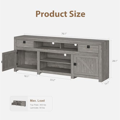 Farmhouse TV Stand for Tv Up to 80 Inches, 70 in Long Entertainment Center with 4 Storage Drawers & 3 Open Shelf, Television Consoles Stands for Living Room, Bedroom-Antique Grey