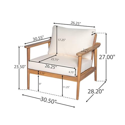 Batis Acacia Wood Lounge Chair Outdoor Set of 2, Wooden Patio Accent Chair Set, Comfy Reading Seat with Removable Cushion, Patio Furniture Set, Teak+Beige
