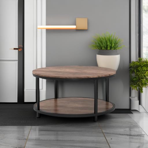 Round Coffee Table,36" Coffee Table for Living Room,2-Tier Rustic Wood Desktop with Storage Shelf Modern Design Home Furniture(Light Walnut)