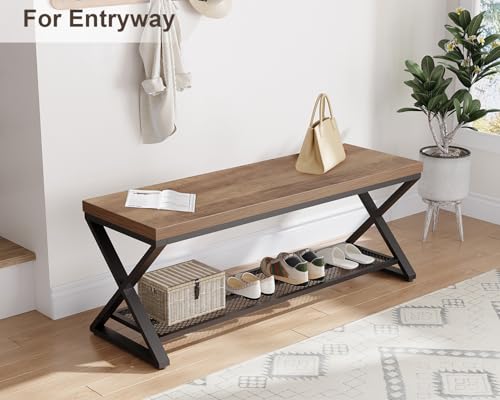 Entryway Bench, Indoor Shoe Bench with Storage and Seating, Wood Metal Storage Bench for Bedroom Living Room, Farmhouse Shoe Rack Bench for Sitting in Hallway Foyer Entrance, Rustic Oak, 47 inch