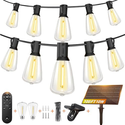 100FT Super Bright Solar String Lights Outdoor Waterproof with Remote Control 30+2 Shatterproof LED ST38 Bulbs for Porch Garden Market Bistro Patio Backyard Fence