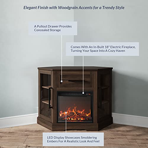 43" Corner TV Stand with 18" Electric Fireplace Heater for TVs up to 43", Modern Corner Wood Entertainment Center with Glass Door Storage Cabinets - Dale (Dark Walnut)