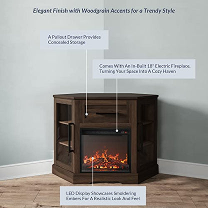 43" Corner TV Stand with 18" Electric Fireplace Heater for TVs up to 43", Modern Corner Wood Entertainment Center with Glass Door Storage Cabinets - Dale (Dark Walnut)