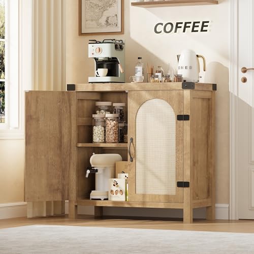 GAOMON Rattan Sideboard Buffet Cabinets with Storage, Farmhouse Storage Cabinet, Wooden Coffee Bar Cabinet for Kitchen, Dining Room, Living Room, Natural