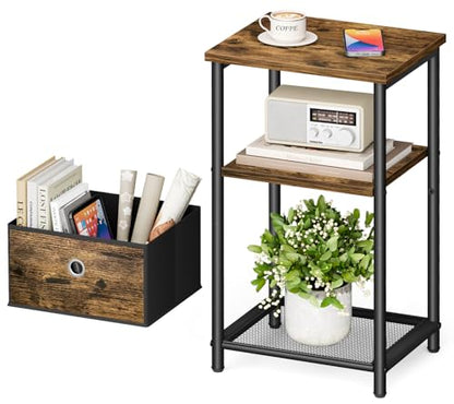 3 Tier Small Side Table with Storage Basket, Living Room End Tables for Small Space, Bedside Nightstand for Bedroom, Sofa Couch, Rustic Brown and Classic Black