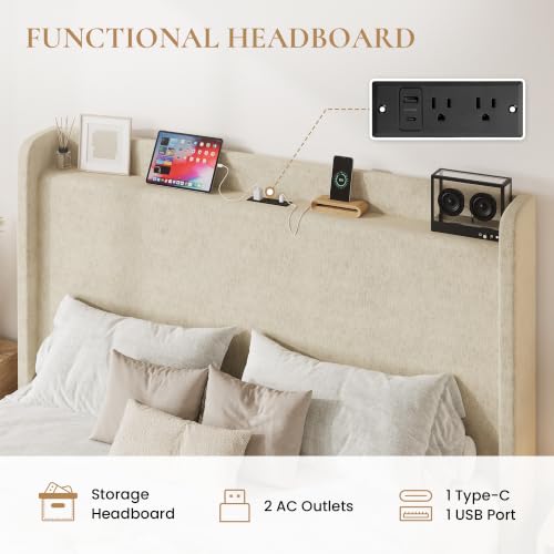 Queen Bed Frame Greige Chenille Storage, view 5