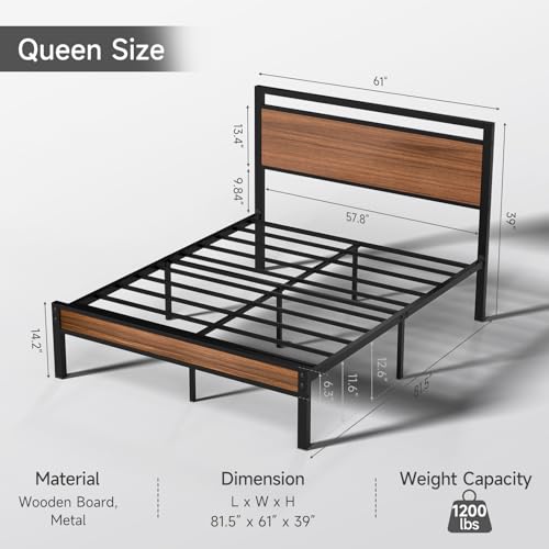 Queen Metal Bed Frame&Wooden Headboard&Footboard,No Box Spring,Walnut, view 4