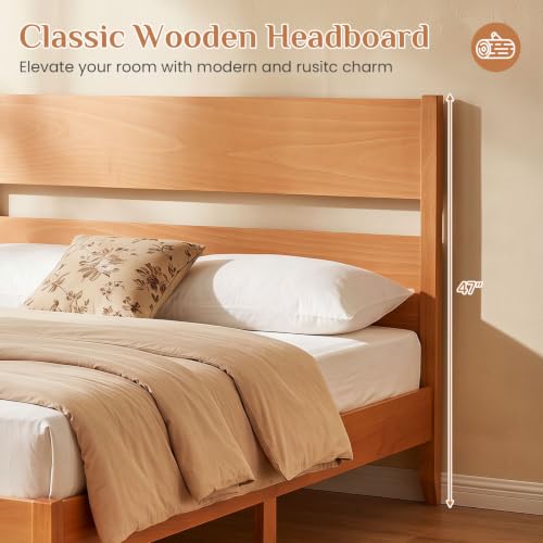 Full Size Wooden Bed Frame with Slatted Headboard (Warm Brown), view 5