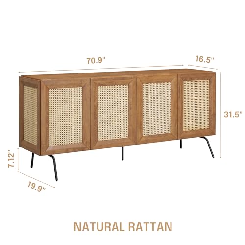 MOSSIC Modern Sideboard with 4 Doors, Natural Rattan Storage Cabinet, Buffet with Metal Legs, Boho Accent Cabinet for Living Room, and Entryway, Effortless Assembly, Teak Look