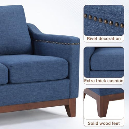 Modern 3 Piece Sofa Set with Rivets, Included Fabric Accent Chair, Upholstered 3-Seater Couches with Solid Wood Legs and Storage Ottoman, Living Room Furniture Set,Blue