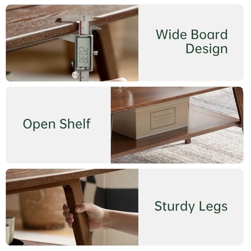 100% Solid Oak Wood Coffee Table for Living Room, 2-Tier Small Table with Storage Shelf, Mid Century Modern Coffee Tables (Walnut, 31.49" x 19.68" x 17.32")