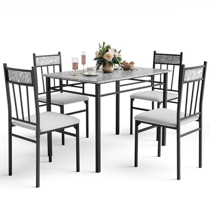 5 Piece Dining Table Set for 4, Faux Marble Kitchen Table and Chairs Set of 4, Vintage Rectangular Dining Room Table with Cushion Padded Seat, Metal and Wood Dining Set Kitchen Furniture, Grey