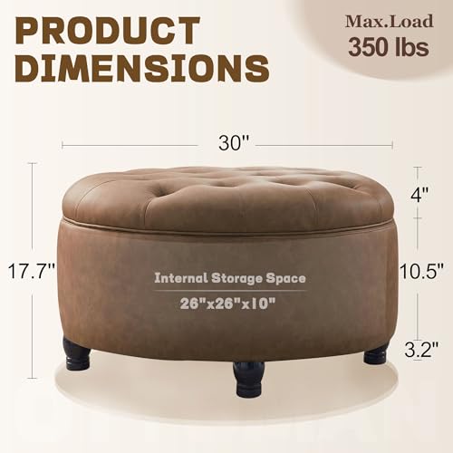 30-Inch Round Storage Ottoman, Button Tufted Ottoman Coffee Table with Removable Top for Living Room, Bedroom, Office (Cognac Tan)
