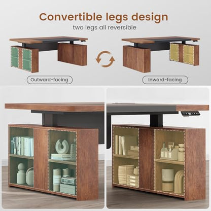 63" Executive Standing Desk with Storage, Executive Height Adjustable Desk with Power Outlets, Large Computer Office Desk with Privacy Panel for Home Office, Warm Golden Brown