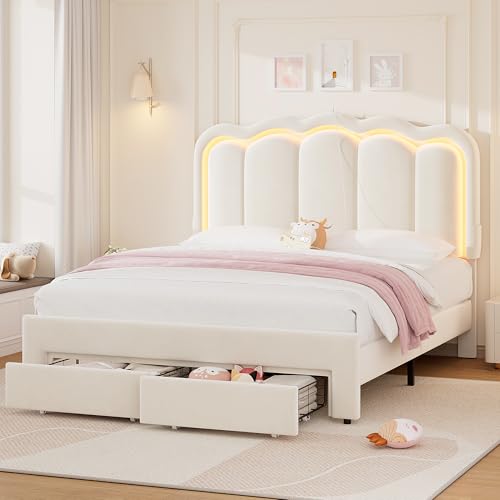 Queen Upholstered LED Bed Frame with 2 Storage Drawers and Adjustable Chic, view 2