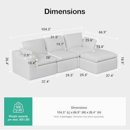 104.3" Modular Cloud Couch, Modern Sectional Sofa with Smarts Coil® Support, Chenille Fabric, Upholstered Couch for Living Room Apartments Bedroom, No Assembly, 3 Seater + 1 Ottoman, White