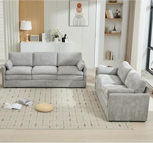 2-Piece Chenille Fabric Upholstered Sofa Set with Oversized Comfy Cloud 3-Seater Couch and Loveseat Sofa, Double Plush Cushion for Living Room