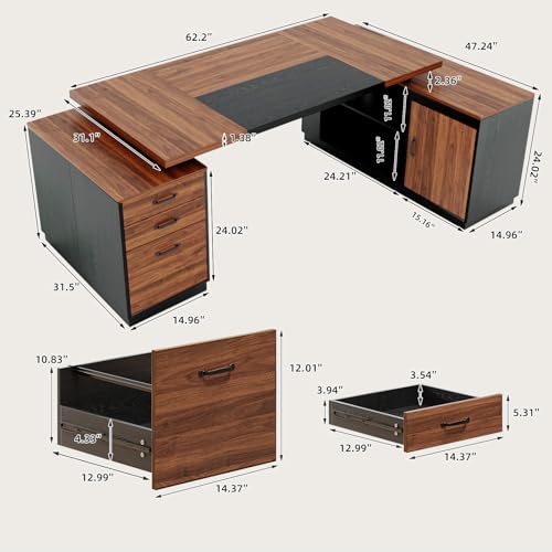 Executive L-Shaped Desk with Storage Cabinet 78-Inch, Brown Black, view 3