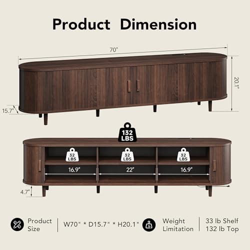 70" TV Stand with Sliding Doors for Living Room, view 3