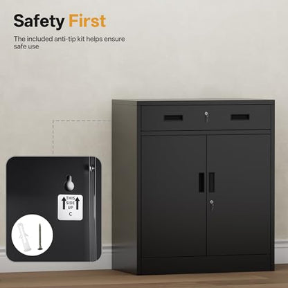 Metal Storage Cabinet 36" H, Locking Storage Cabinet with 1 Drawer and Adjustable Shelf, Garage Storage Cabinet for Home Office, Garage, School, Apartment, Warehouse