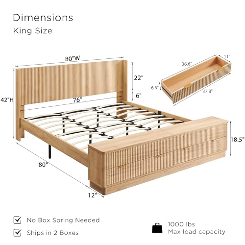 Fluted King Size Bed Frame with Wingback Headboard, Footboard Storage Bench with Built-in Drawers & Lift-Up Compartments, Wood & Steel Platform Bed, No Box Spring Needed, Natural Oak