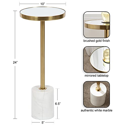 Hescott Modern Mirrored Drink Table; 10 x 10 x 24; White Marble and Gold; Glam Round Accent Table with Premium Marble Base and Mirror Tabletop