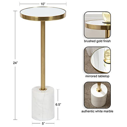 Hescott Modern Mirrored Drink Table; 10 x 10 x 24; White Marble and Gold; Glam Round Accent Table with Premium Marble Base and Mirror Tabletop