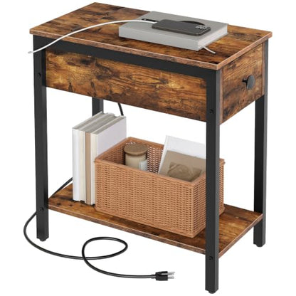 End Table with Charging Station, Narrow Side Table, Small Nightstand, Bedside Tables with Drawer and Storage Shelves, for Small Spaces, Living Room, Bedroom, Rustic Brown and Black BF041BZ01G1