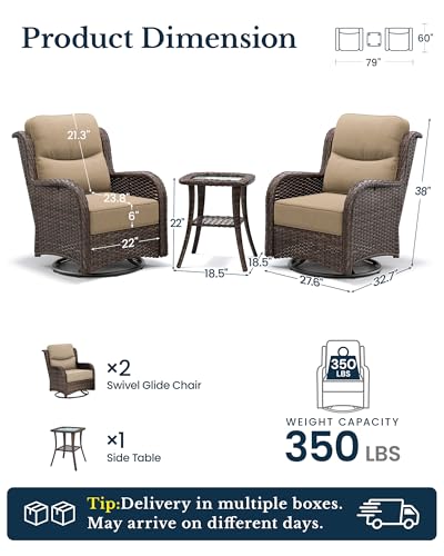 Luxury Outdoor Patio Furniture Set with 6-Inch Thick Cushions, High Back Wicker Swivel Rocker Chairs, 3 Pcs All Weather Chairs Set for Small Porch, Deck and Sunroom, Beige (V3)