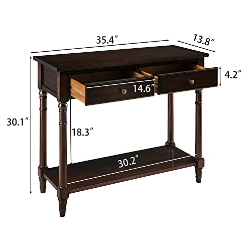 Solid Wood Console Table with 2 Drawers, 2-Tier 35.4" X 30" Accent Sofa Table with Multilayer Storage Shelf Rustic Hall Entryway Tables for Living Room Home Office-Walnut 004DC