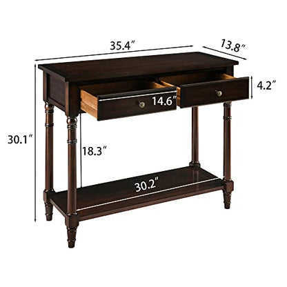 Solid Wood Console Table with 2 Drawers, 2-Tier 35.4" X 30" Accent Sofa Table with Multilayer Storage Shelf Rustic Hall Entryway Tables for Living Room Home Office-Walnut 004DC