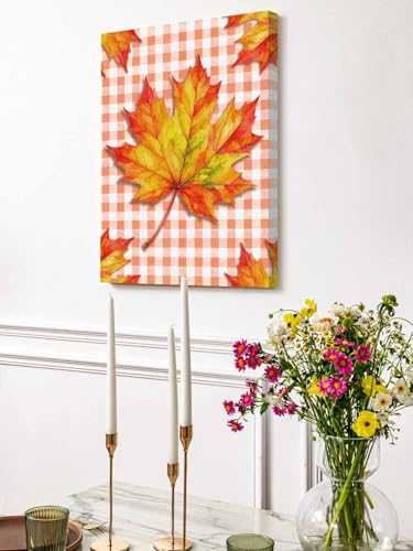 NuYeBiofx Fall Thanksgiving Maple Leaves Canvas Wall Art Prints,30"x20" Framed Picture Artwork Plaid Background Printed Canvas Oil Painting for Living Room Bedroom Office,Ready to Hang