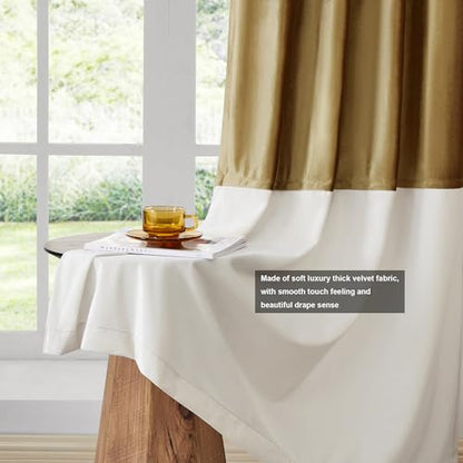 Color Block Velvet Curtains 90 inch Gold Ivory Cream Luxury Elegant Modern Living Room Curtain Light Blocking Thermal Insulated Soundproof Room Darkening Energy Saving Drapes for Bedroom Set of 2
