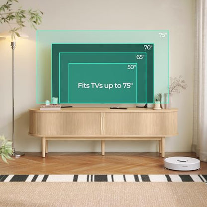 Fluted TV Stand for 75" TV, Mid-Century Modern 70" Entertainment Center with Sliding Tambour Door and Storage Cabinet, Cruved TV Media Console Table for Living Room, Bedroom, Oak